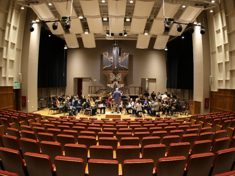 view from seating of large music hall (Demmer Recital Hall)